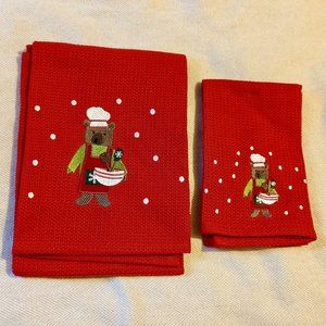 NWT Crate & Barrel Holiday Bear Towels SET of 2 (Mixing bowl design)